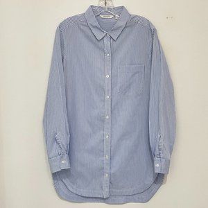 Athleta Weekender Button Down Shirt Blue White Striped Tunic Top long sleeves
